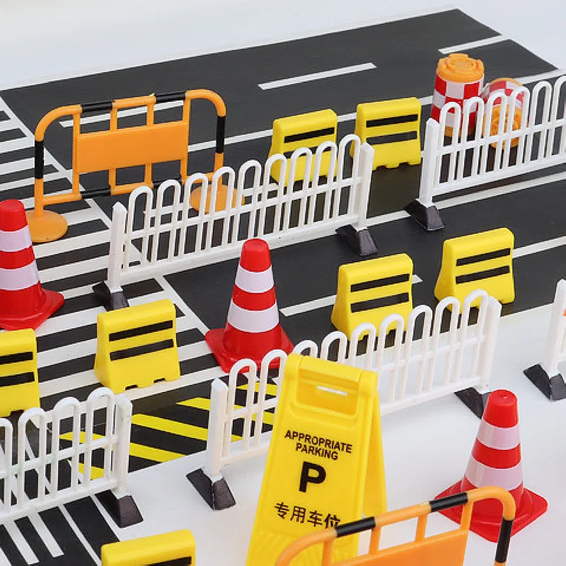 Mini Traffic Road Signs & Roadblock Playset, Simulation Safety Barrier Toys, Educational Scene Layout Accessories for Role Play