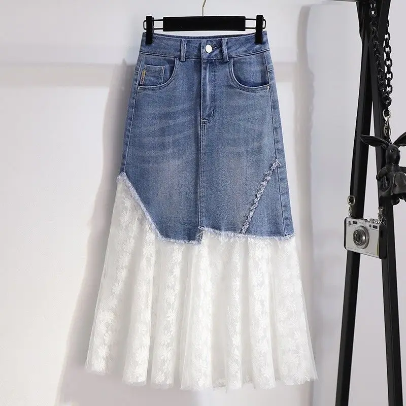 Girls summer oversized chic and cute lace shirt top patchwork denim skirt  maxi skirt  Regulai Fit  y2k  maxi skirt