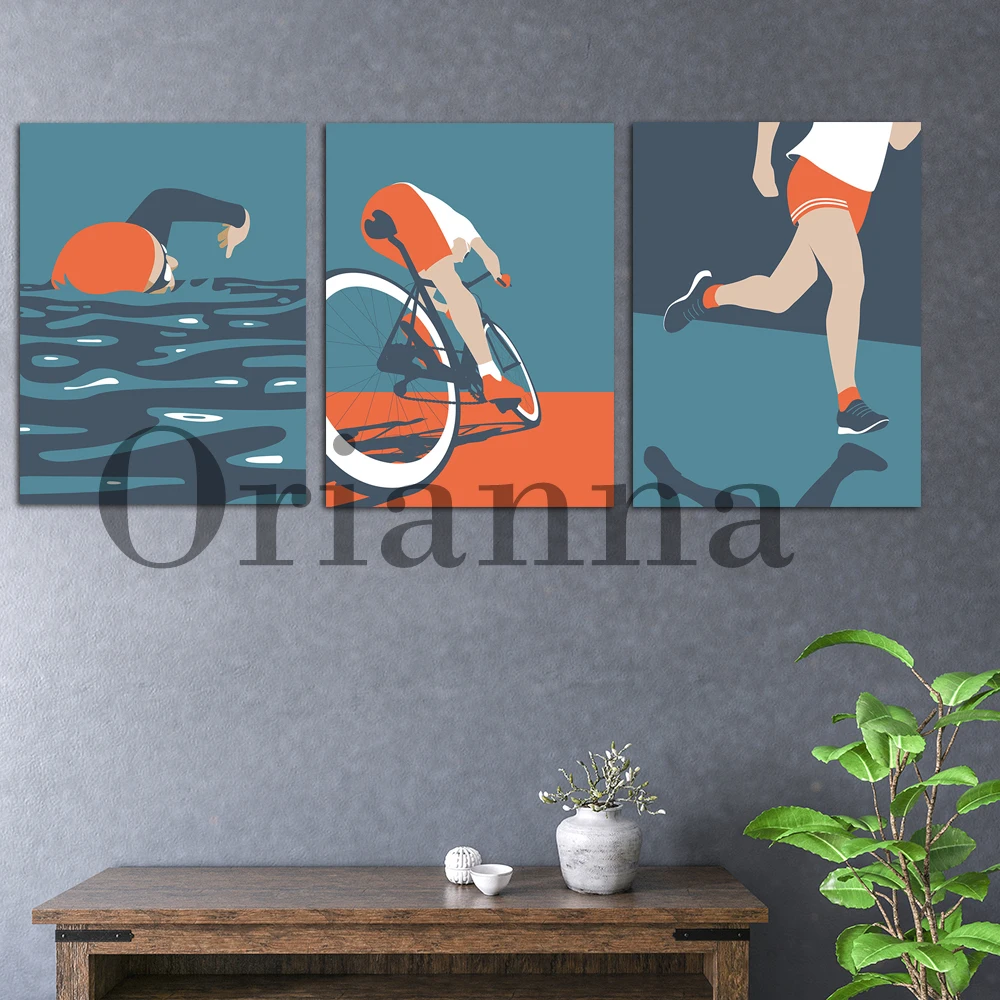 

Midcentury Triathlete Swim Cycle Run Canvas Painting Wall Art Print Poster Modern Home Living Room Bedroom Decor Painting Gift