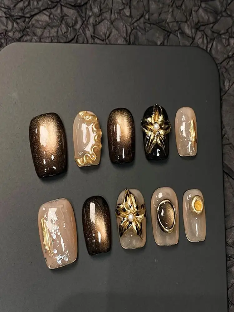 Faux ongles yeux de chat avec fleur, courts, carrés, noirs, faits à la main, à pression, avec paillettes dorées, à la mode, couverture complète