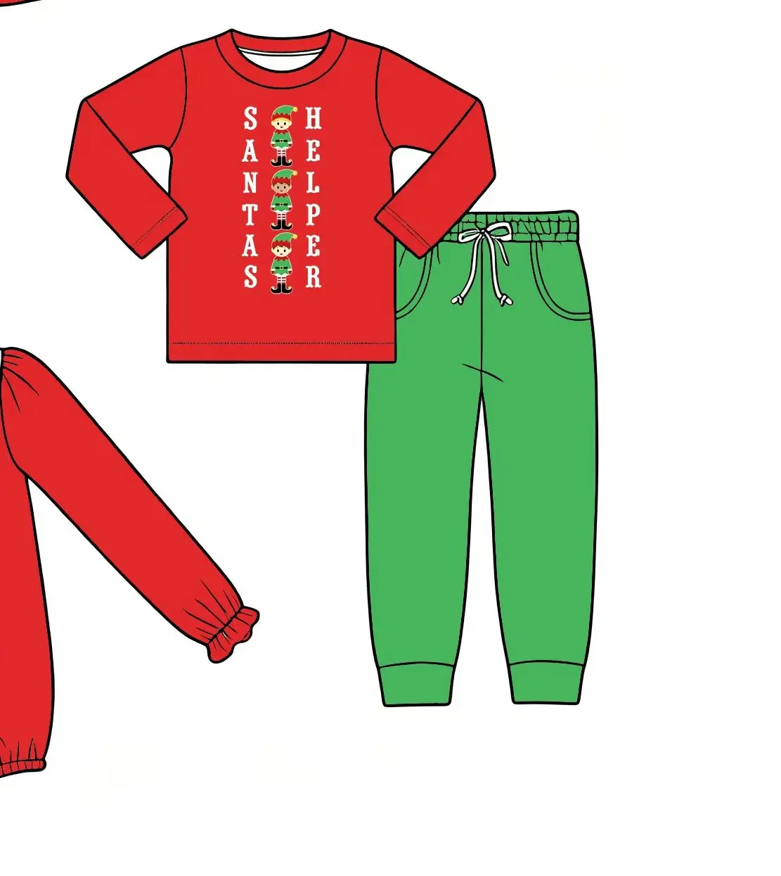 Wholesale Kids Christmas Elf Print Outfit Red Girls Dress Romper Boys Long Sleeve Top Green Pants Set
