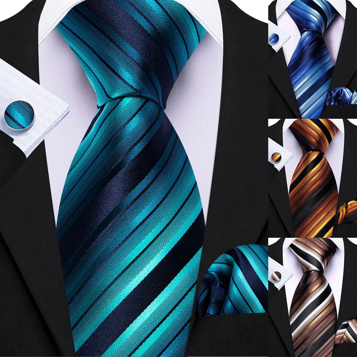 Classic Tie Set for Men Formal Business Party Wedding Diagonal Striped Necktie Handkerchief Cufflinks 3PCS Suit Accessories Gift