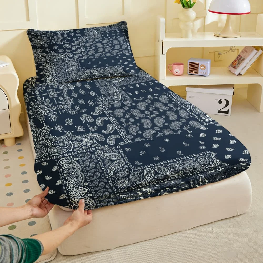1pc Navy Blue Patchwork Paisley Print Fitted Sheet Deep Pocket Elastic Mattress Cover Single Double Queen King Bedroom Decor