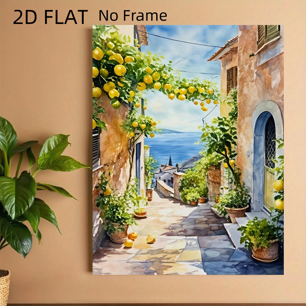 2D Flat, 2D Flat, A 2D Flat No-Frame Canvas Print Featuring Amalfi Coast Lemon Trees - a Vibrant Watercolor Poster of a Medit