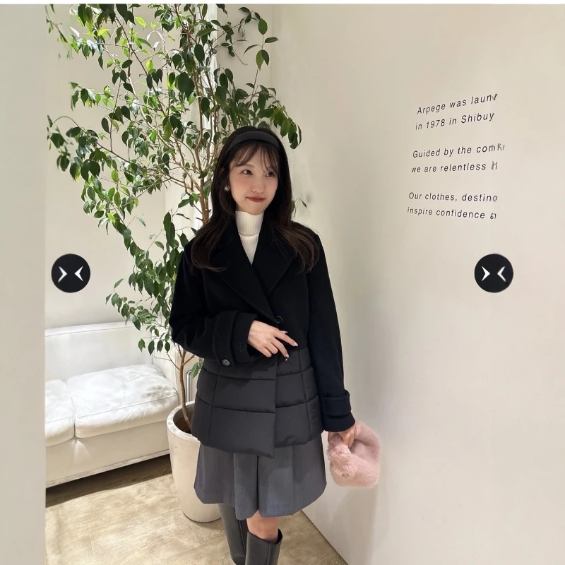 

Torowee 25 New Woolen Tweed Patchwork Cotton Quilted Jaet Top Women's Casual Sle Long Sve Double Breasted Coat