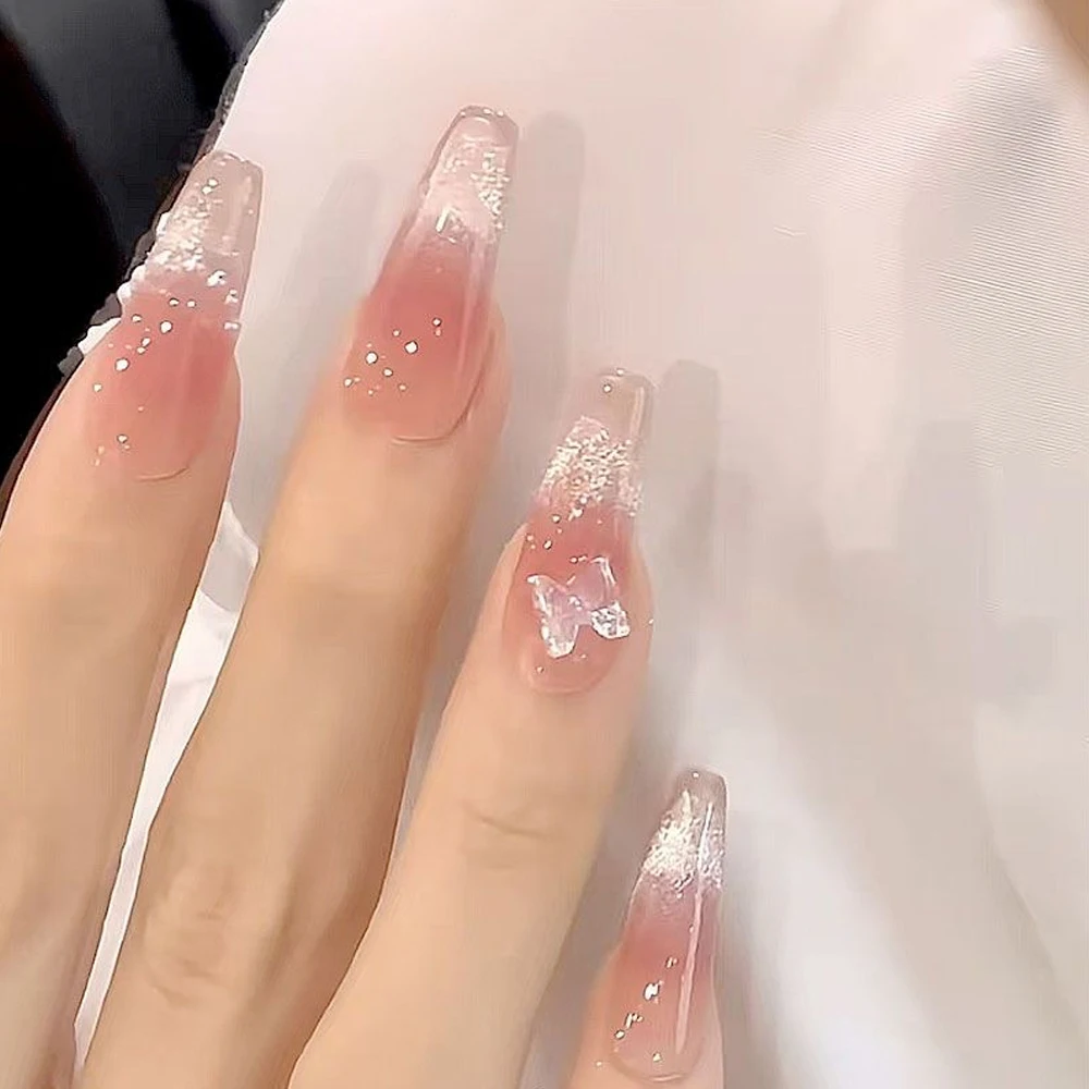 10Pcs Pink Butterfly Press on Nails Cat Eyes Blush Fake Nails Handmade DIY False Nails For Women Wedding Party Wearing view 3