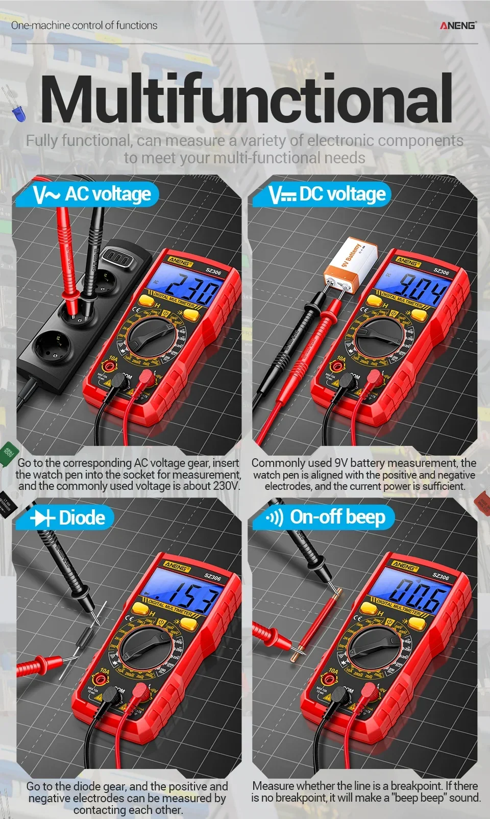Intelligentes Digitalmultimeter ANENG SZ306 Professionelles AC/DC-Spannungsmessgerät DC-Strom Widerstand Diode 20M Ohm Multimeter-Testgerät – Detail 10