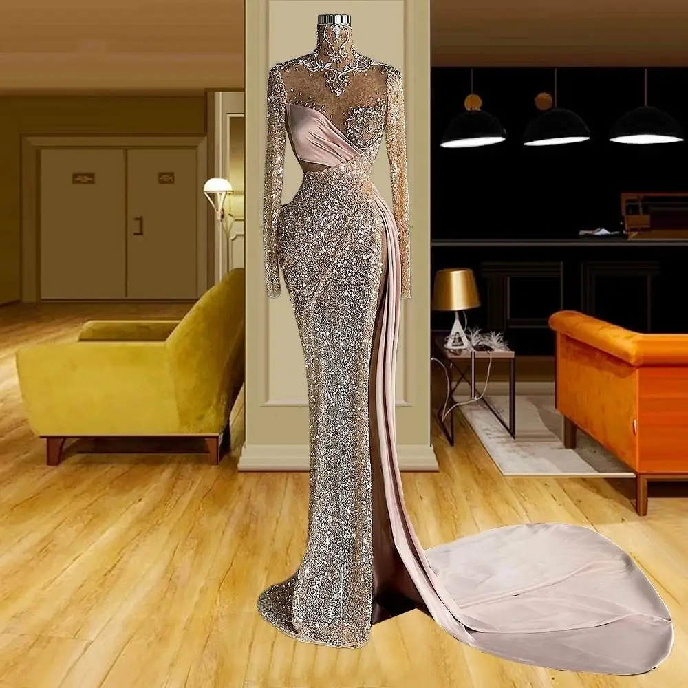 Shiny Glitter Mermaid Evening Dresses Crystals Sequins Long Sleeves Prom Gowns Custom Made High Neck Side Split Party Dresses