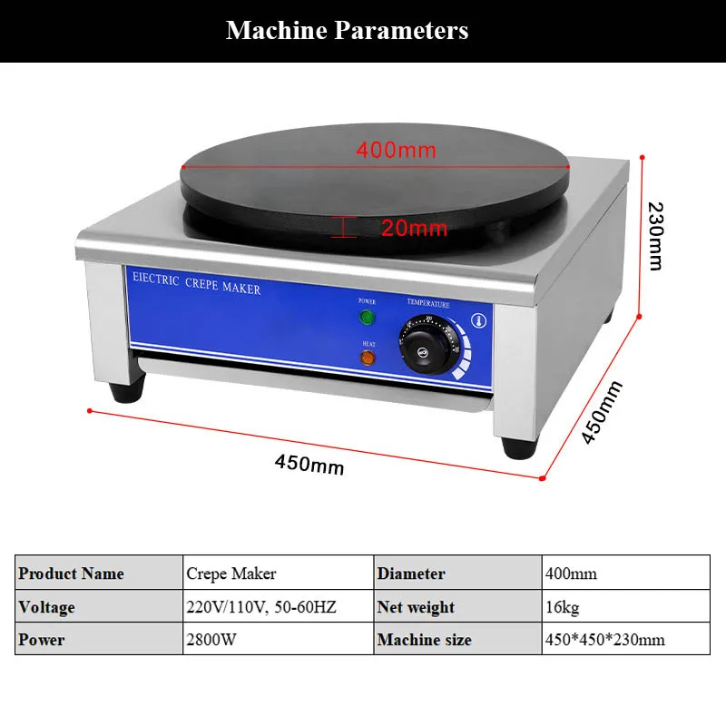 TIMCO 40cm 직경 상업용 크레페 제조기 비 스틱 크레페 기계 220V 110V 전기 팬케이크 기계 프라이팬