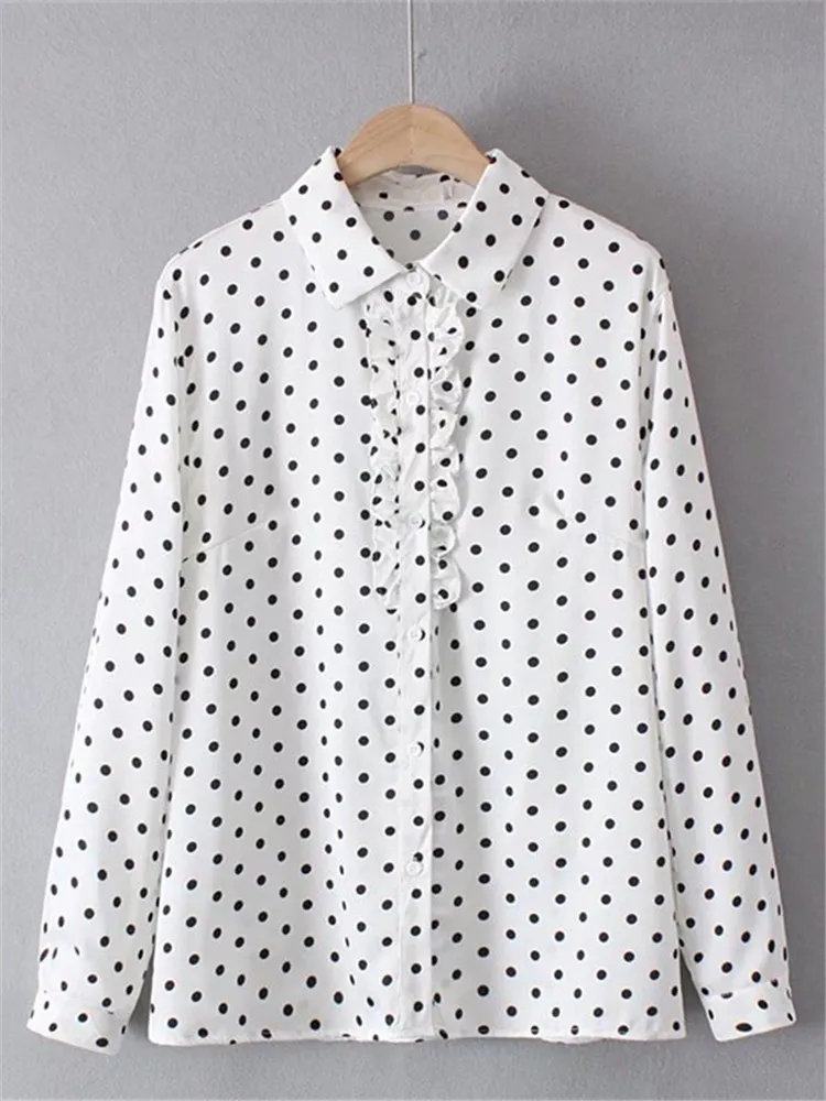 Plus Size Clothing For Spring And Autumn Long-Sleeved Shirt Polka Dot Print Shirt Shape Of Small Ruffles Ornament Big Size Shirt