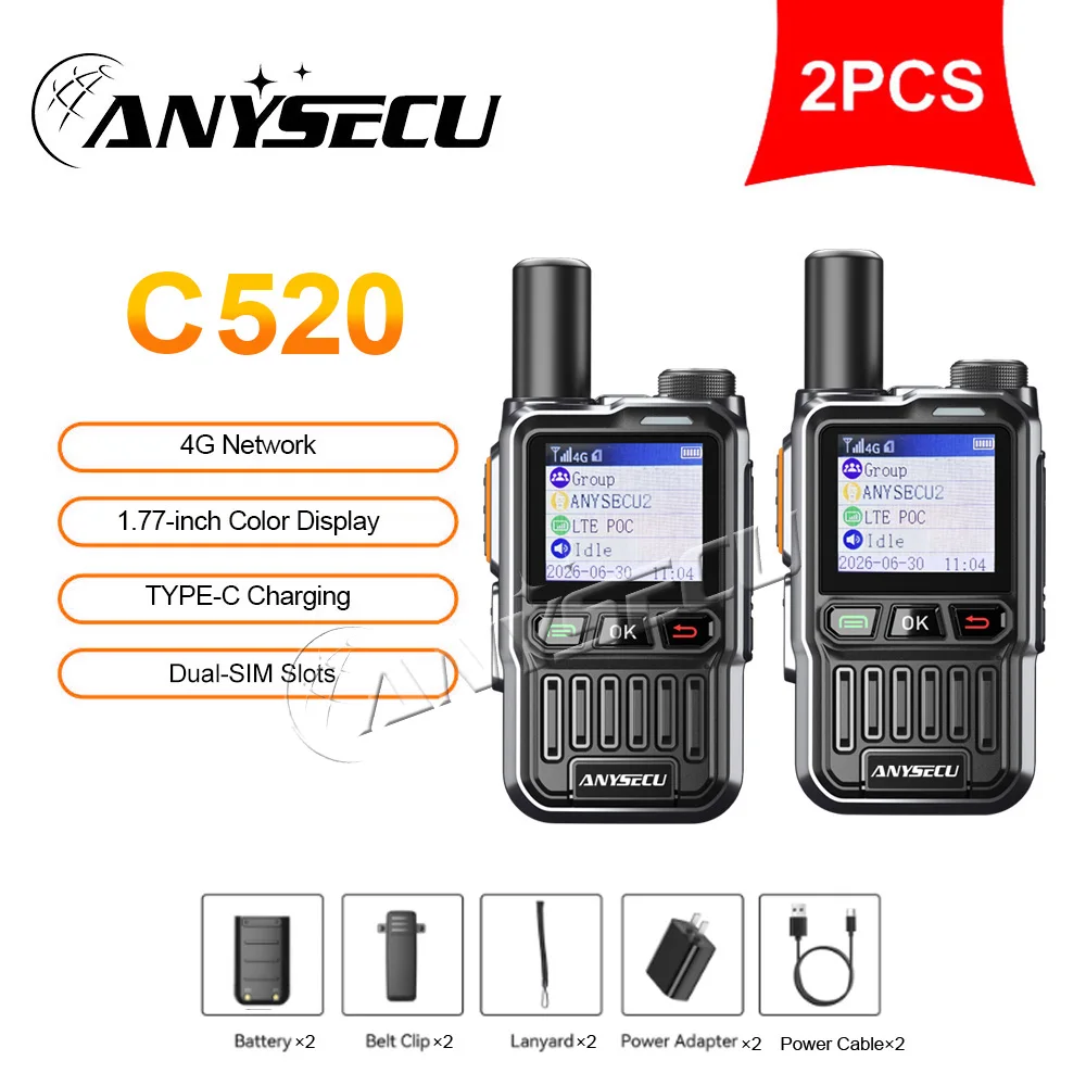 Anysecu C520 4G PoC Walkie Talkie Dual SIM Global PTT 3000mAh Type-C GPS Optional Long Range Two Way Radio Noise Reduction