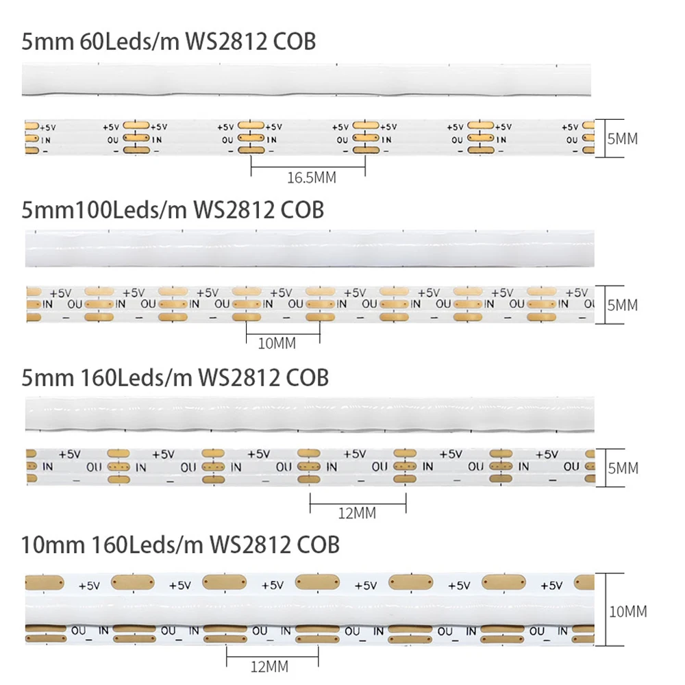 Imagem -03 - Fita Led Cob com Smart Pixels Luz Cob Flexível Alta Densidade Endereçável Individualmente Dc5v Ws2812b 60 100 160led m mm 10 mm Ws2812