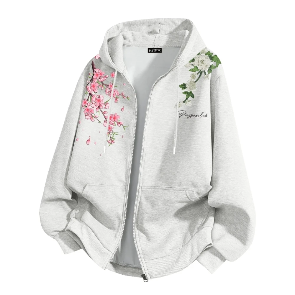 Thicken Fleece Y2k American Retro High Street Cherry Blossom Floral Print Casual Loose Shoulder Hoodis Cardigan Sweatshirt Coats