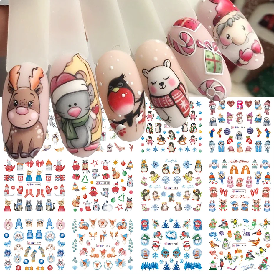 12pcs Cute Penguin Winter Nail Stickers Birds Bear Cat Cartoon Animal Snowflake Sliders Water Decals Decoration Xmas Tips Foils