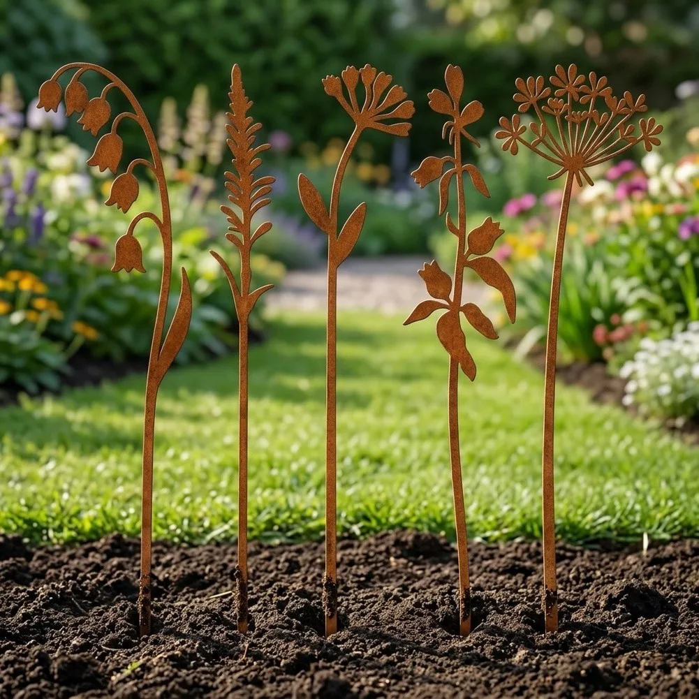 36cm Metal Rust For garden Stake Set 5pcs Weather Resistant Decorative Stakes for Outdoor Flower Bed Decoration