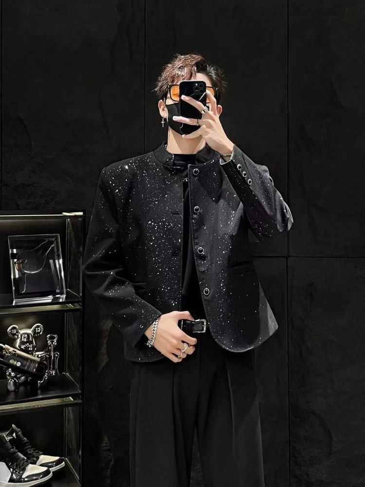 2026 Men's Glitter Blazer Set Black Shiny Party Suit Male Korean Version Stand Neck Slim Fit Stage Performance Coat