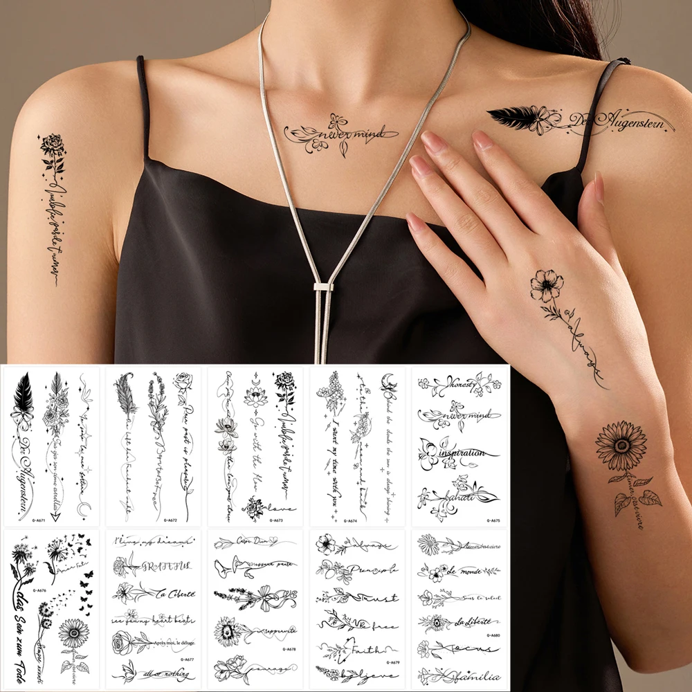

10PCS Waterproof Black Flower Letter Temporary Tattoos for Hand Fingers Body Art Sexy Tattoo Stickers For Girs Cute Fake Tattoos