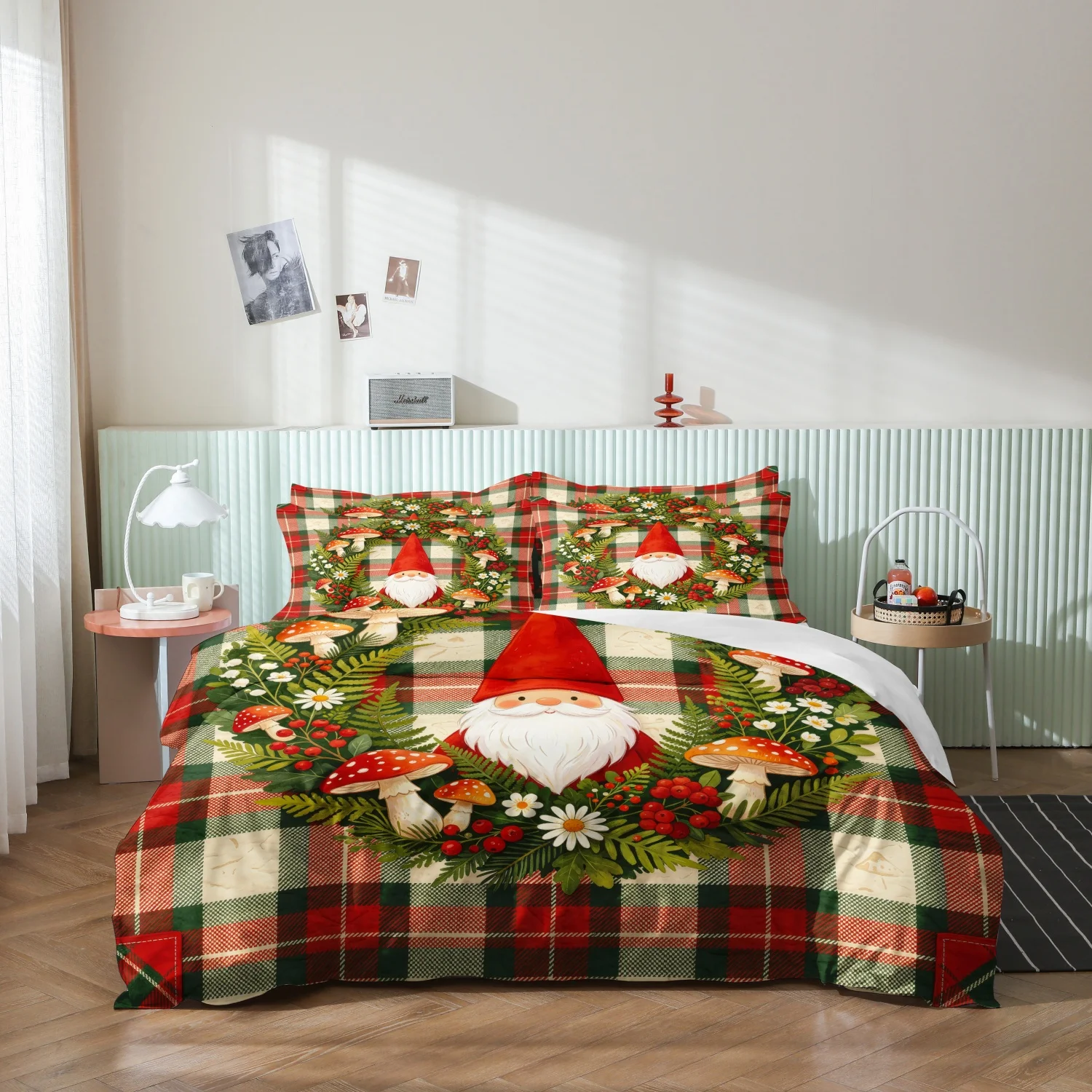  3Pcs Cute Farmhouse Christmas Gnome Duvet Cover Set, Red Green Plaid Gnome Red Mushrooms and Wildflower Wreath Bedding
