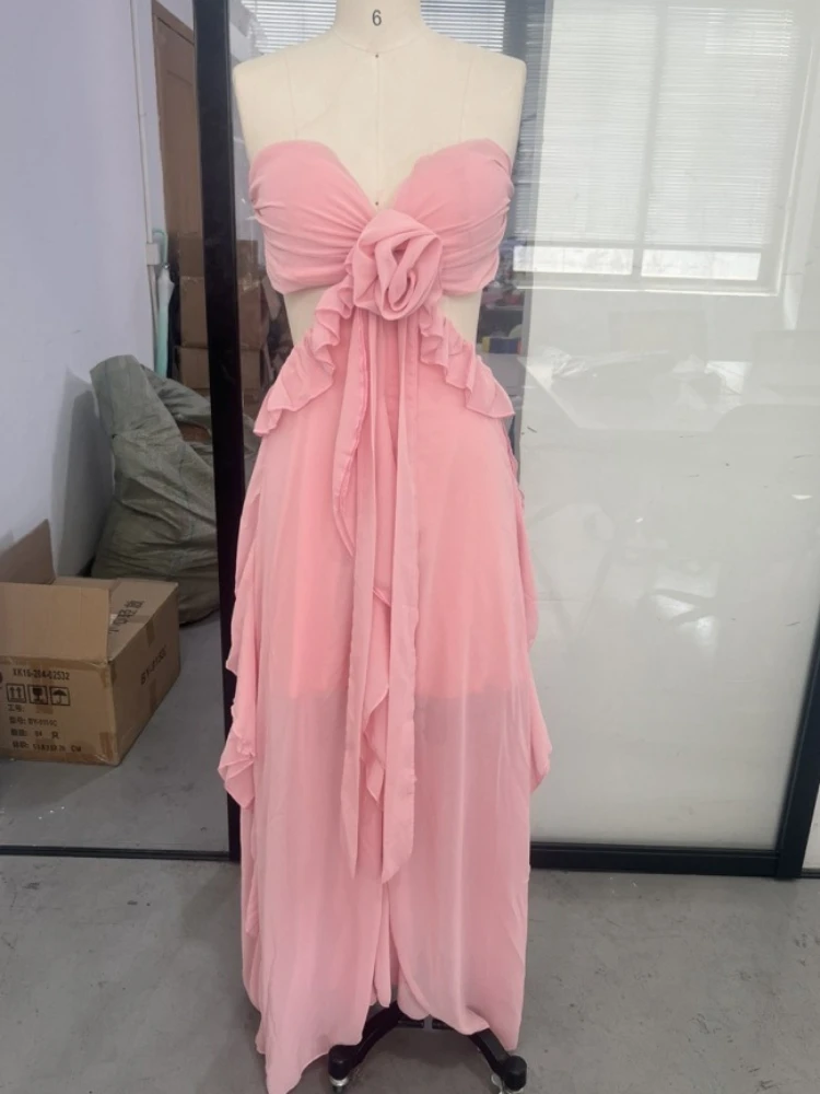 Mode Ruche Zomerjurk voor Vrouwen Sexy Uitgesneden Slanke Vakantie Feestjurken Roze Strapless Backless Party Fairy Jurk 2025