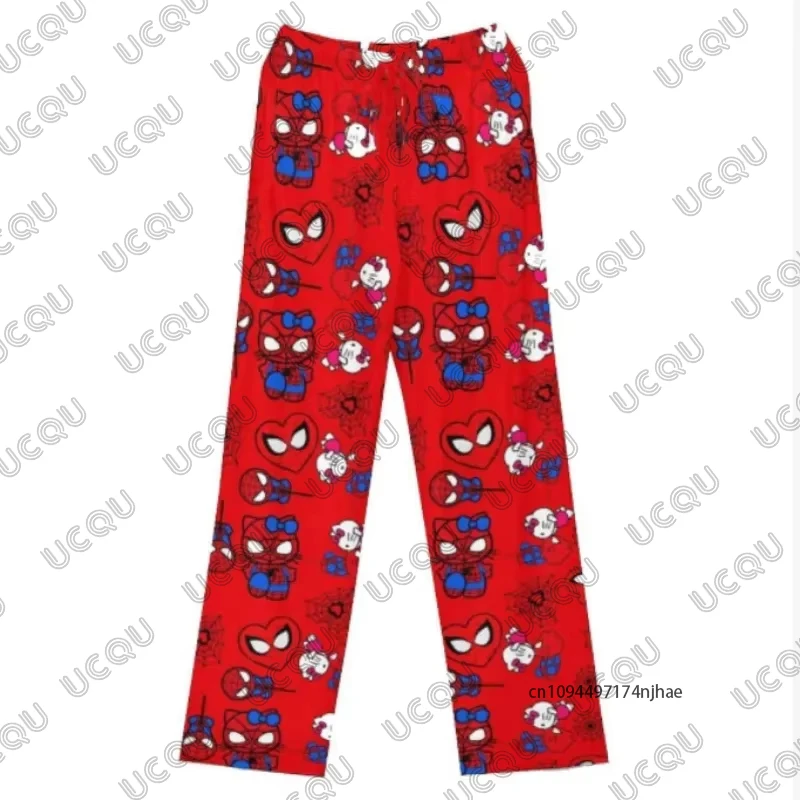 مرحبا كيتي و الرجل العنكبوت الكرتون Y2K طباعة بنطلون بيجاما للنساء الخريف موضة النوم قيعان الأزواج عادية بنطلون طويل