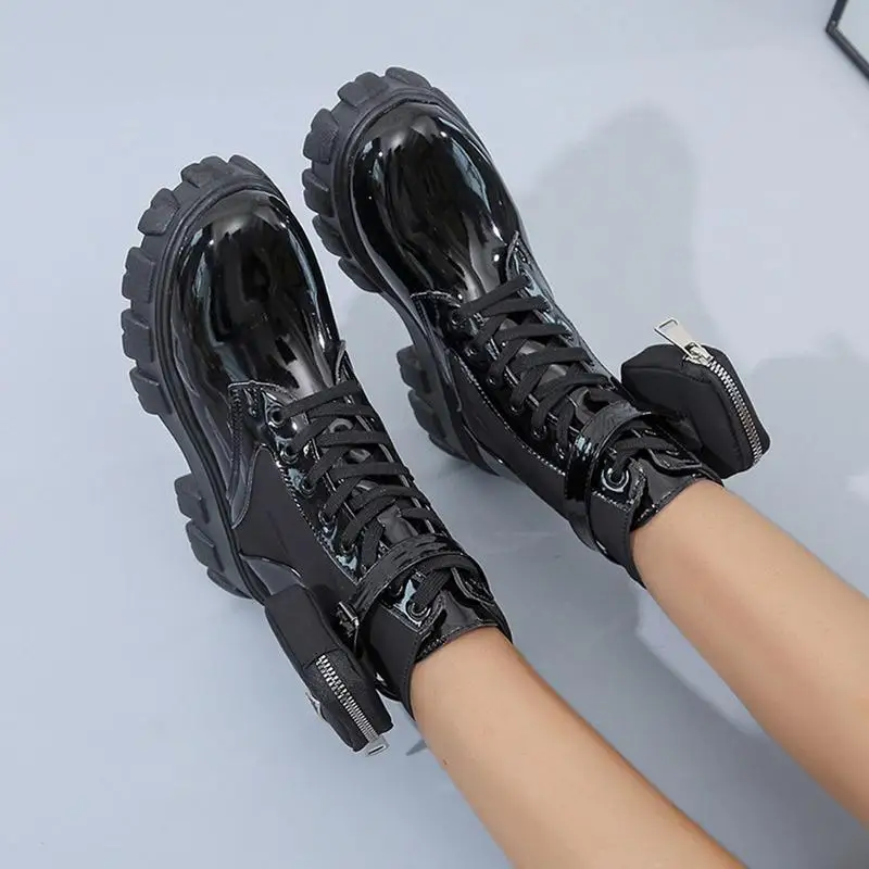 Thick Sole Combat Boots Lace Up Fashion Combat Ankle Boot With Pocket Mid Calf Winter Boot Lug Sole Boots For Women