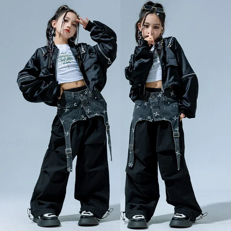 Girls Denim Waistband Suit Street Dance Wear Ballroom Hip Hop Stage Costumes Children'S Jazz Dance Performance Clothing