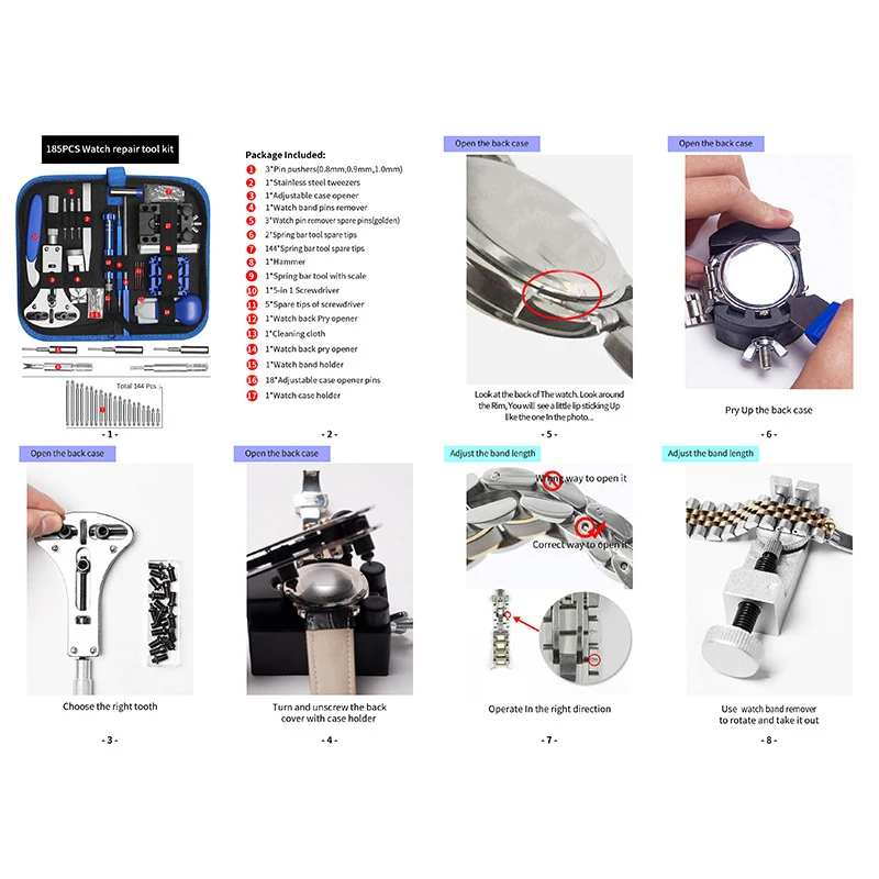 Kit de herramientas de reparación de relojes, conjunto de abridor, carcasa trasera, herramienta de presión, reemplazo de batería, 185 piezas