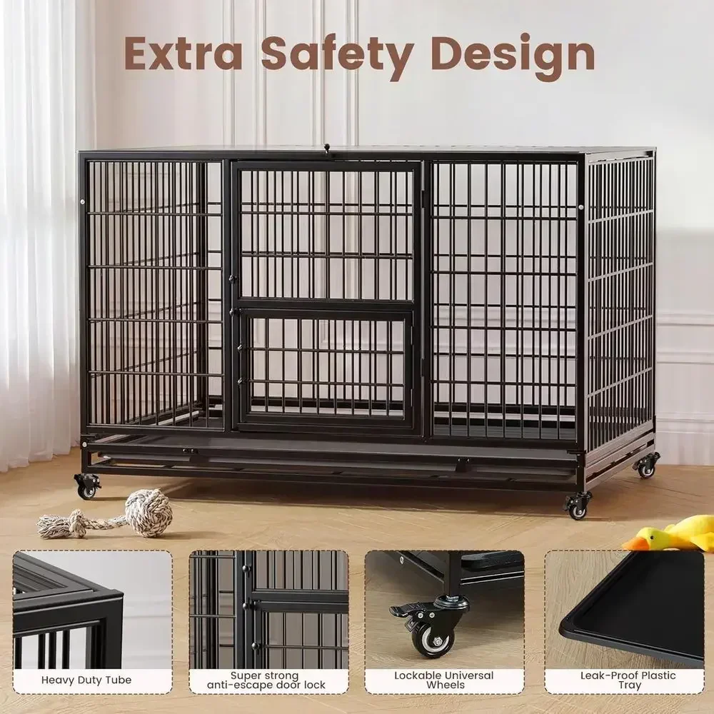 32 Inch Heavy-Duty Stackable Dog Crate, Indestructible Kennel for Small Dogs, Anxiety-Reducing Cage with Lockable Wheels, Remova
