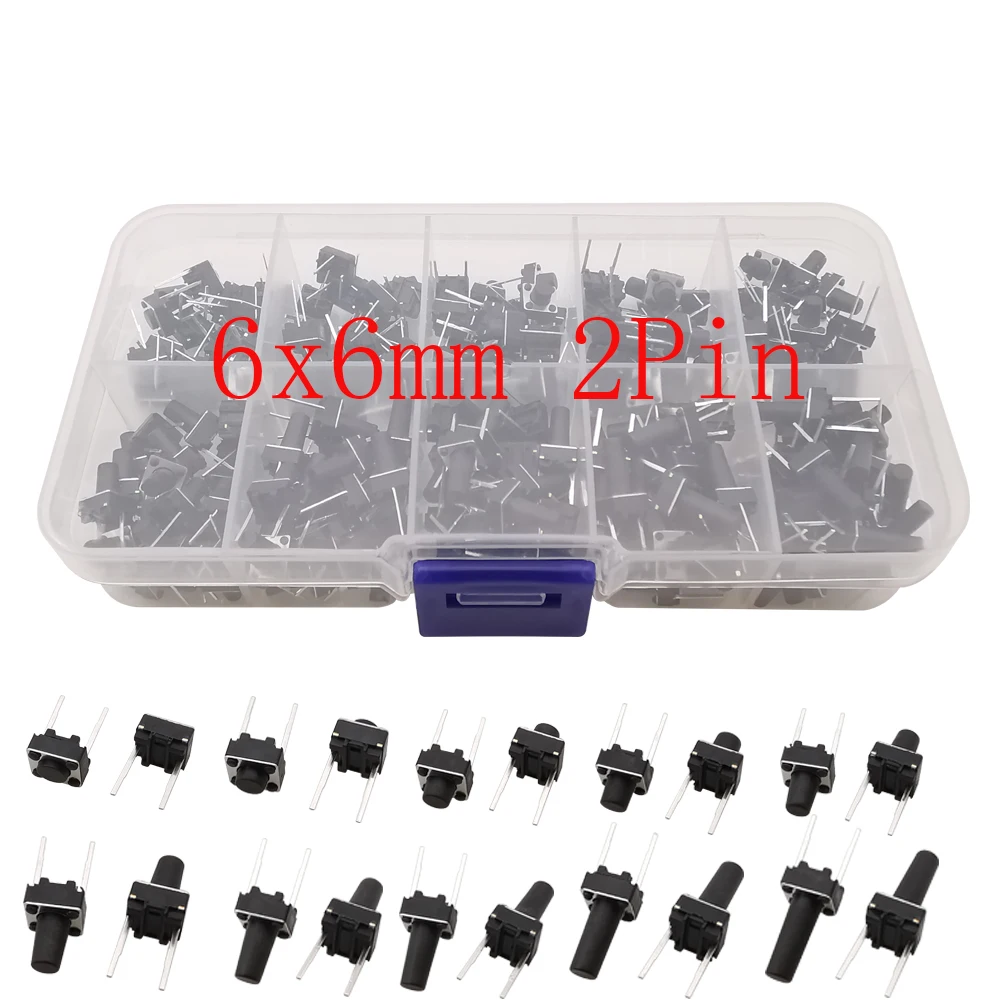 

200Pcs Mini 6x6mm Tactile Tact Push Button Switch 2Pin Panel PCB Momentary Switch 10-Type 6x6x4.3mm/5/6/7/8/9/10/11/12/13MM