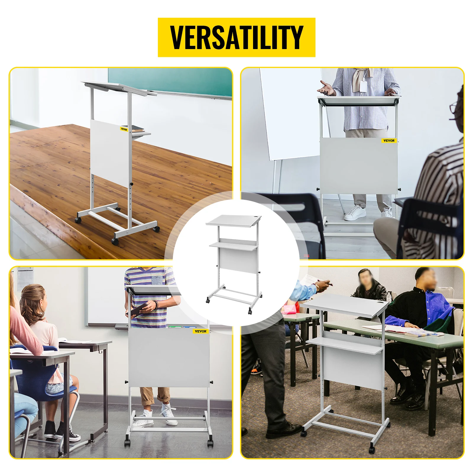 VEVOR Standing Lectern Height Adjustable Portable Pulpit 4 Rolling Casters Podium Stand Lower Storage Shelf Floor for School