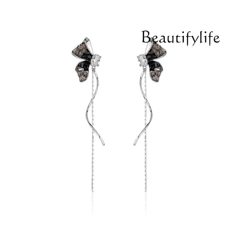 Niche unique butterfly women's silver stud earrings long earrings long fringed earrings high sense