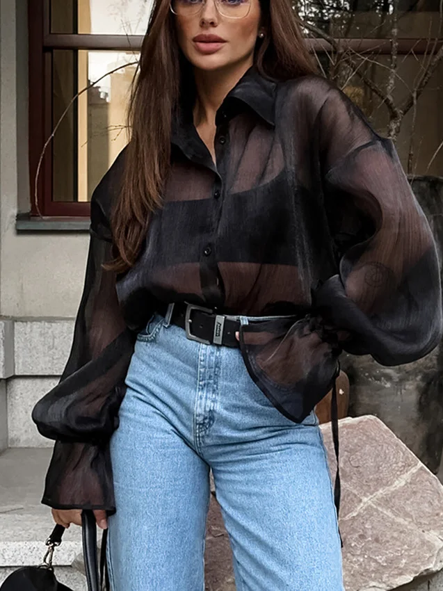 

Women's Faionable See-tough Bla Me irt Casual Loose Long Sve irt Me Fabric No Brand Iron-free Treaent