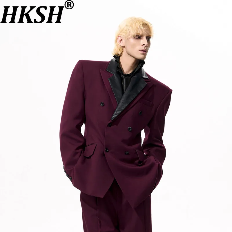 

HKSH High Sense Wool Shoulder-Raised Blazer Autumn New Waist-Cinching Detachable Leather Collar Chic Ins Punk Suit-Pants HK16570