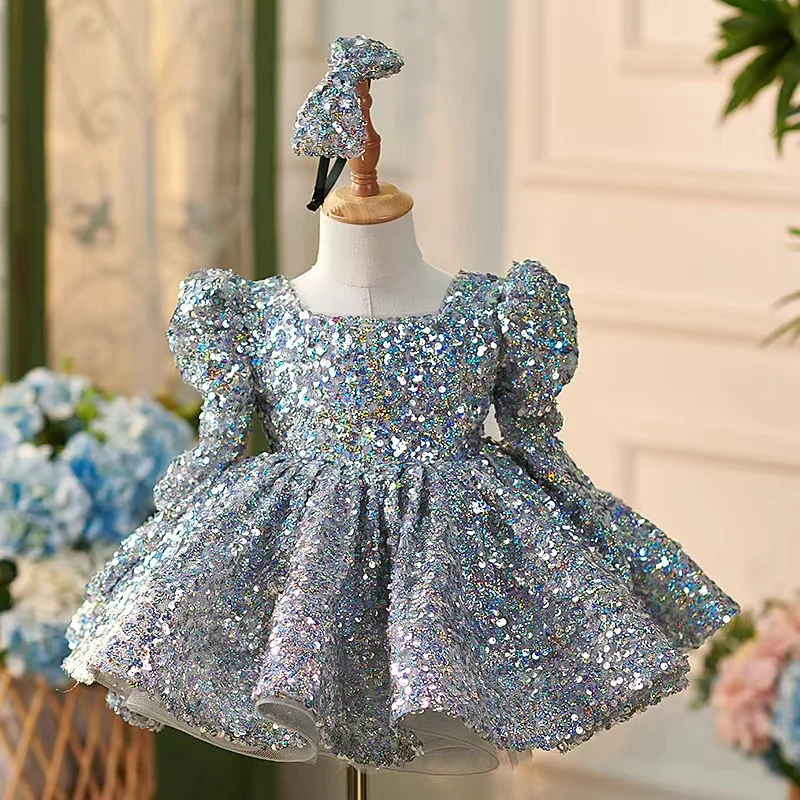 Girls Silver Sequin One Year Old Dress 2025 High-end New Puff Sleeve Super Fairy Long Sleeve Puffy Princess Dress Round Neck
