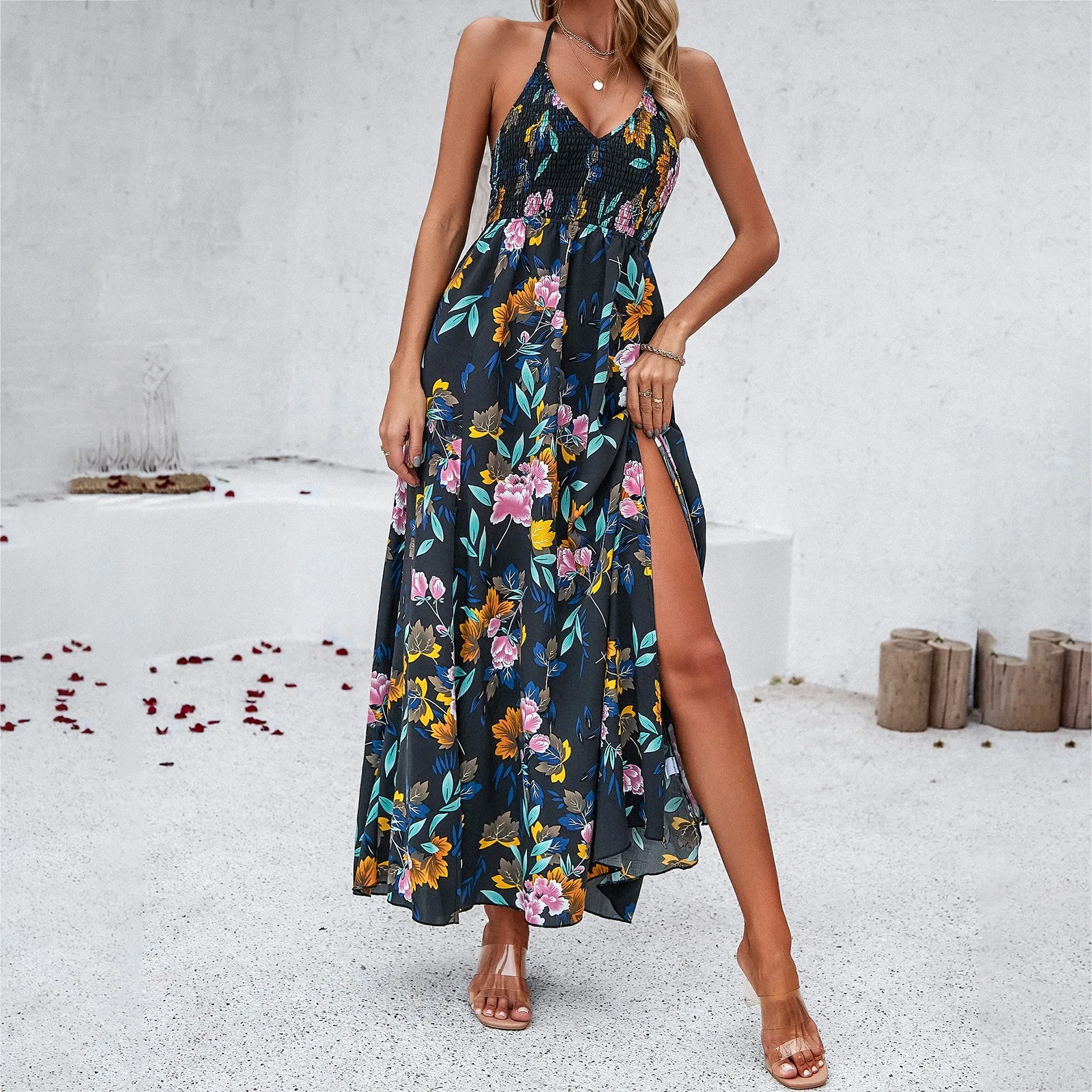 DYKR 2025 Summer Dresses Wholesale for Women Leisure Vacation Printed Suspender Floral Dress Vestidos De Fiesta Pedreria Traf
