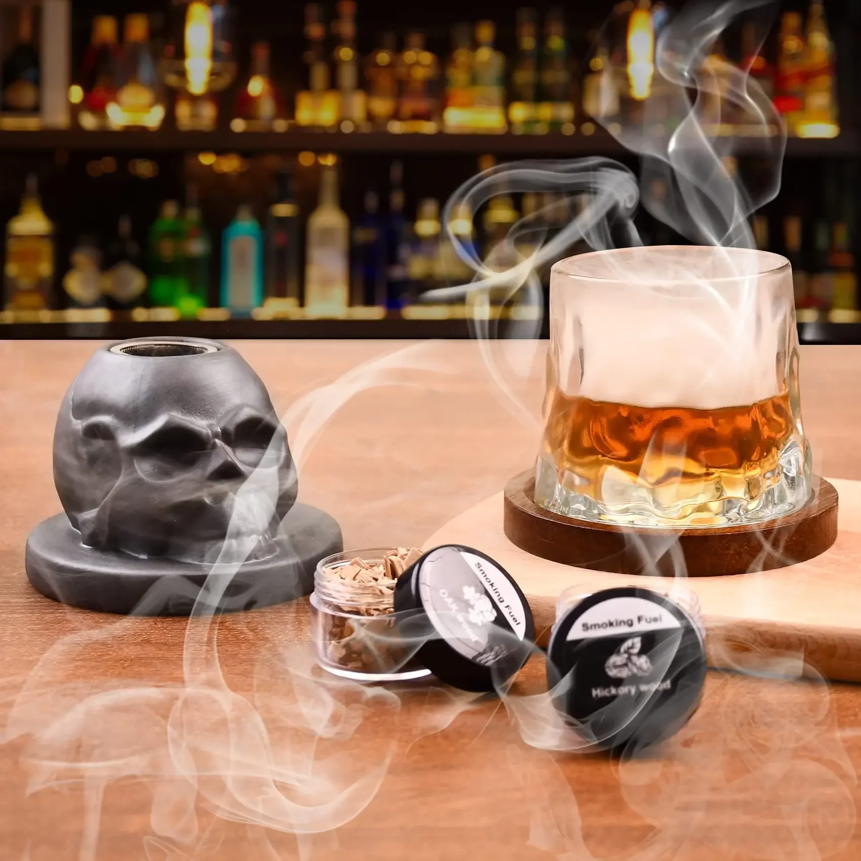 Vintage Skull Whiskey Smoker Kit Ceramic Smoke Infuser Fruity Wood Chips Old Fashioned Drink Bar Kitchen Accessory