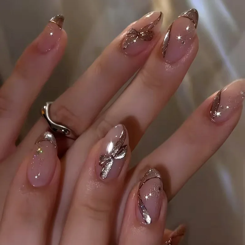 

24Pcs Mid-length Almond Fake Nails Cat's Eye Bow French Full Cover Nails Tips Art with Jelly Glue Reusable Press on False Nails