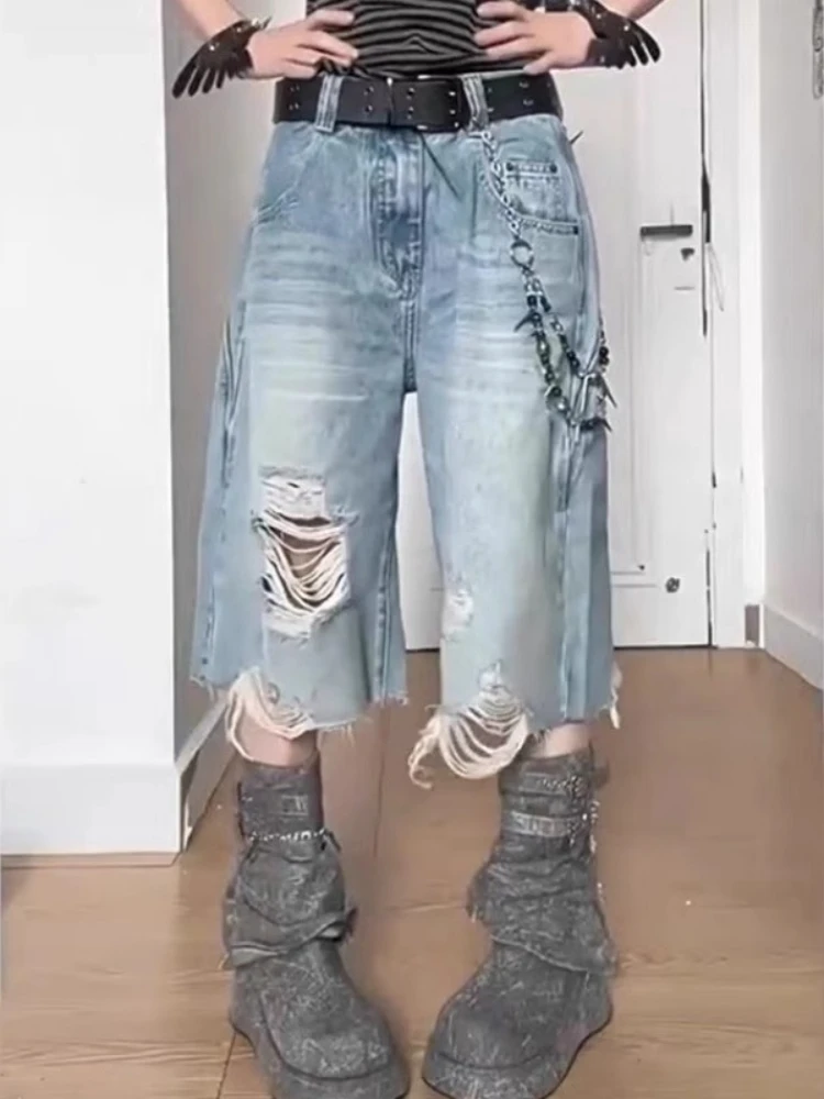 High Street Vintage Ripped Denimกางเกงขาสั้นผู้หญิงY2Kล้างหลวมขากว้างCroppedกางเกงยีนส์ดิบHemกลางลูกวัวกางเกงStreetwear E-สาว