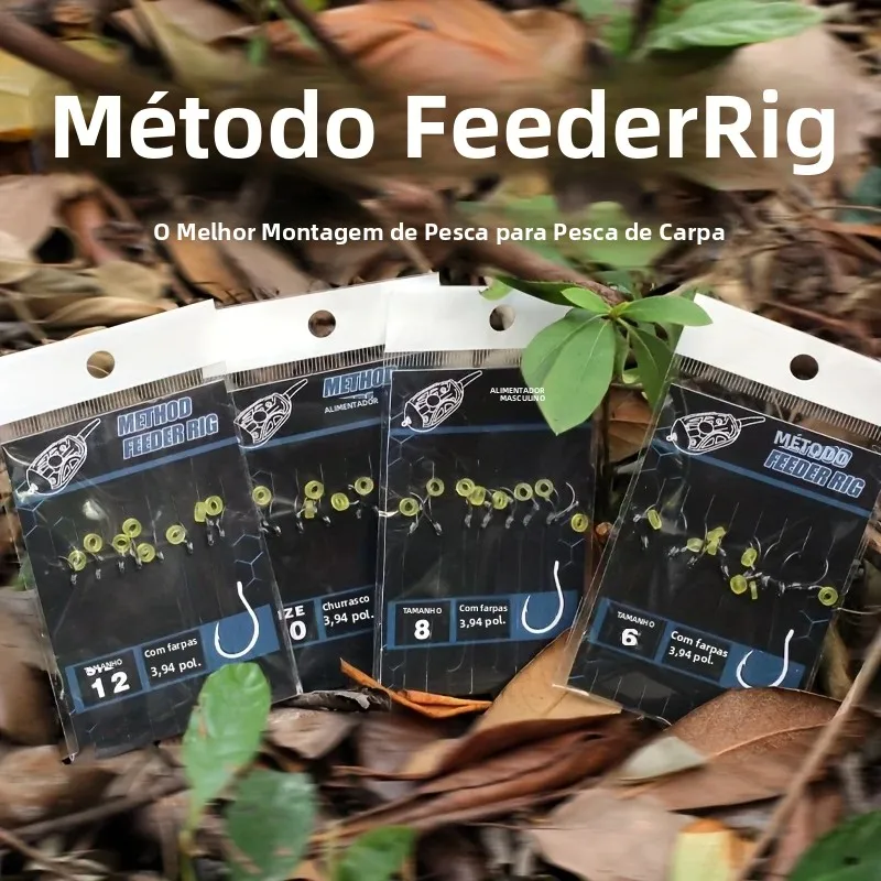 8/16 Peças de Montagens Method Feeder Hair Rig, Linha de Pesca de 10cm/4in com Anzóis de Pesca de Carpa com Farpa e Elástico para Pellets