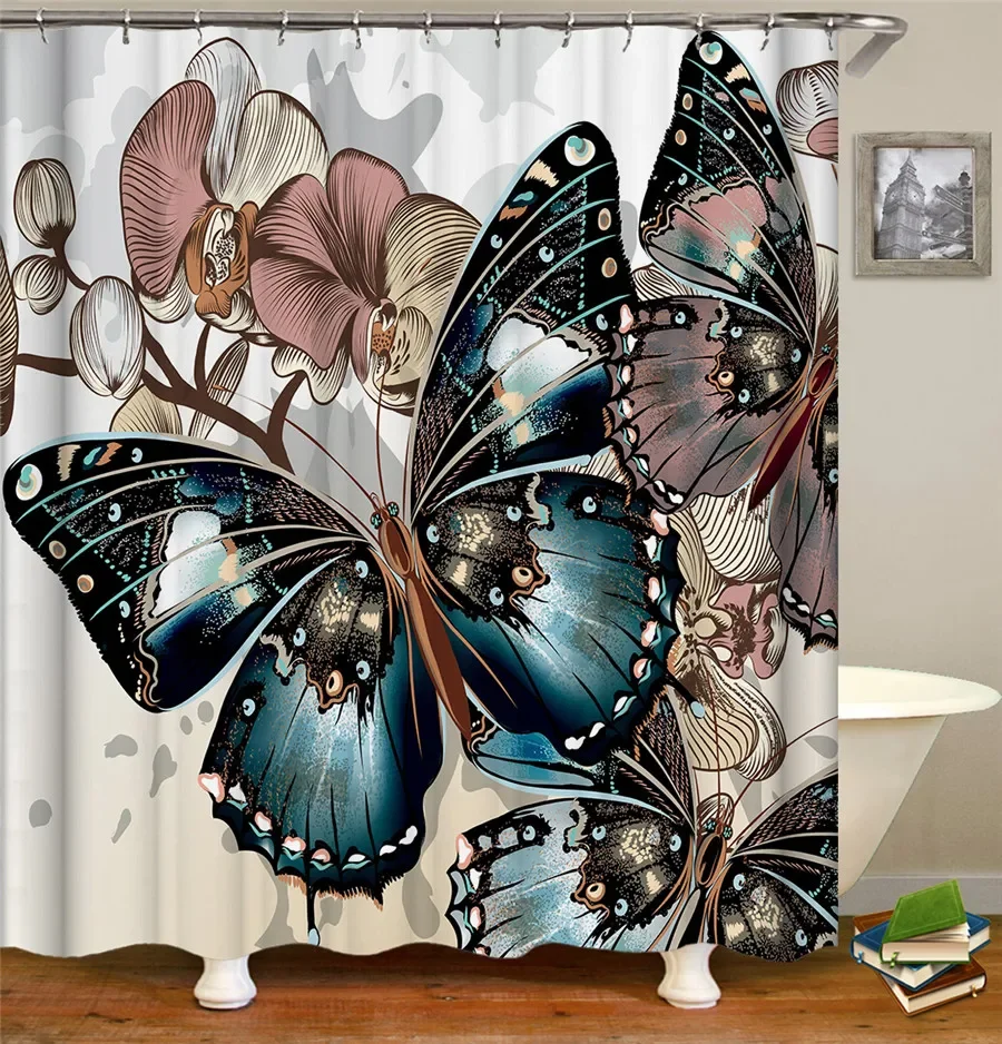 Bathroom Curtain Flower Butterfly Pattern Home Decor Waterproof Polyester  Shower Curtains Bath Screen 180*180cm & 180*200cm