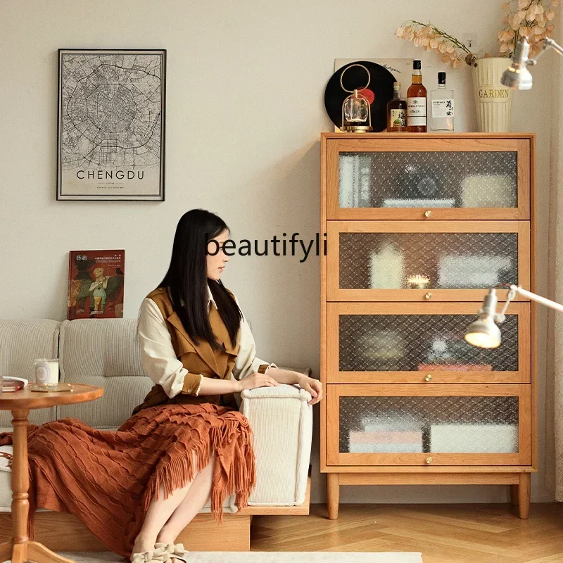 cc182Nordic solid wood bookcase cherry wood display storage cabinet study glass door bookshelf R view 4