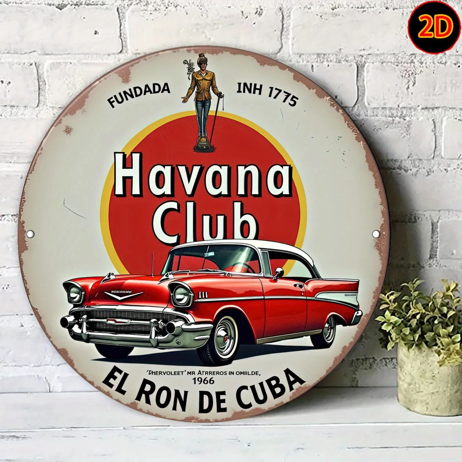 Letrero artístico de pared de metal con ron cubano, plano, vintage, Havana Club, decoración retro de aluminio circular con diseño rojo y amarillo, 20x20cm/7,8