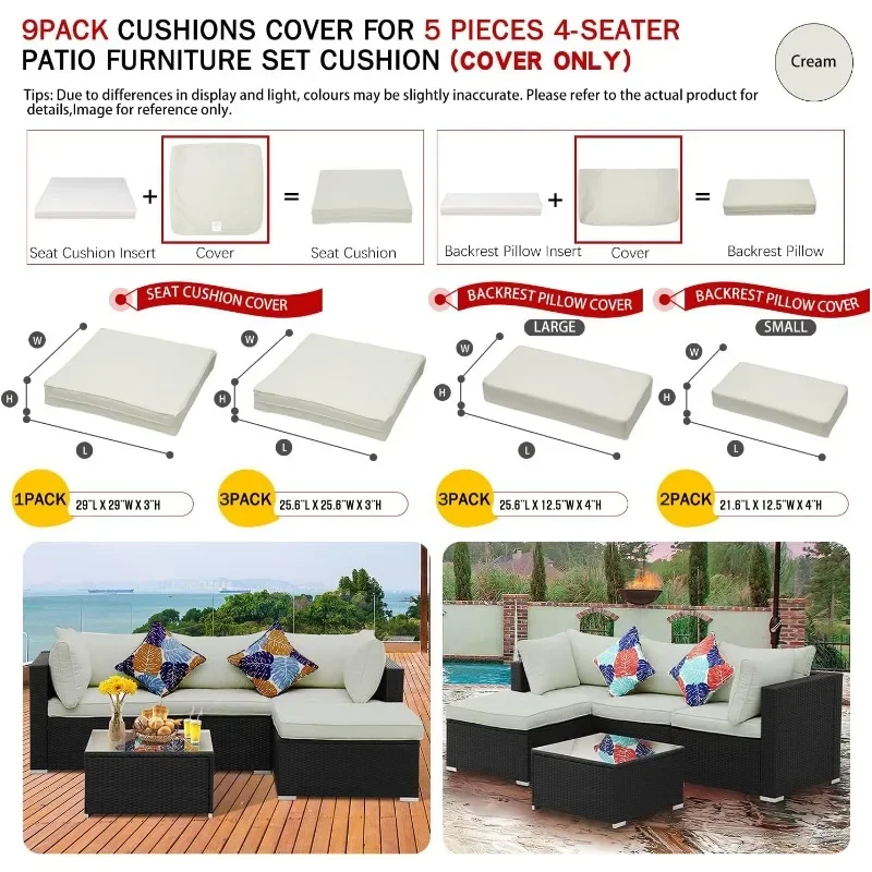 9 Pack Outdoor Seat and Back Cushions Replacement Covers Fit for 5 Pieces 4-Seater Wicker Rattan Furniture Patio Conversation