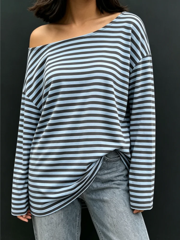 New Preppy Style Autumn New Crew Neck Striped Contrast Color Fashion Casual Women's Long Sleeve T-Shirt Versatile Elegant Top