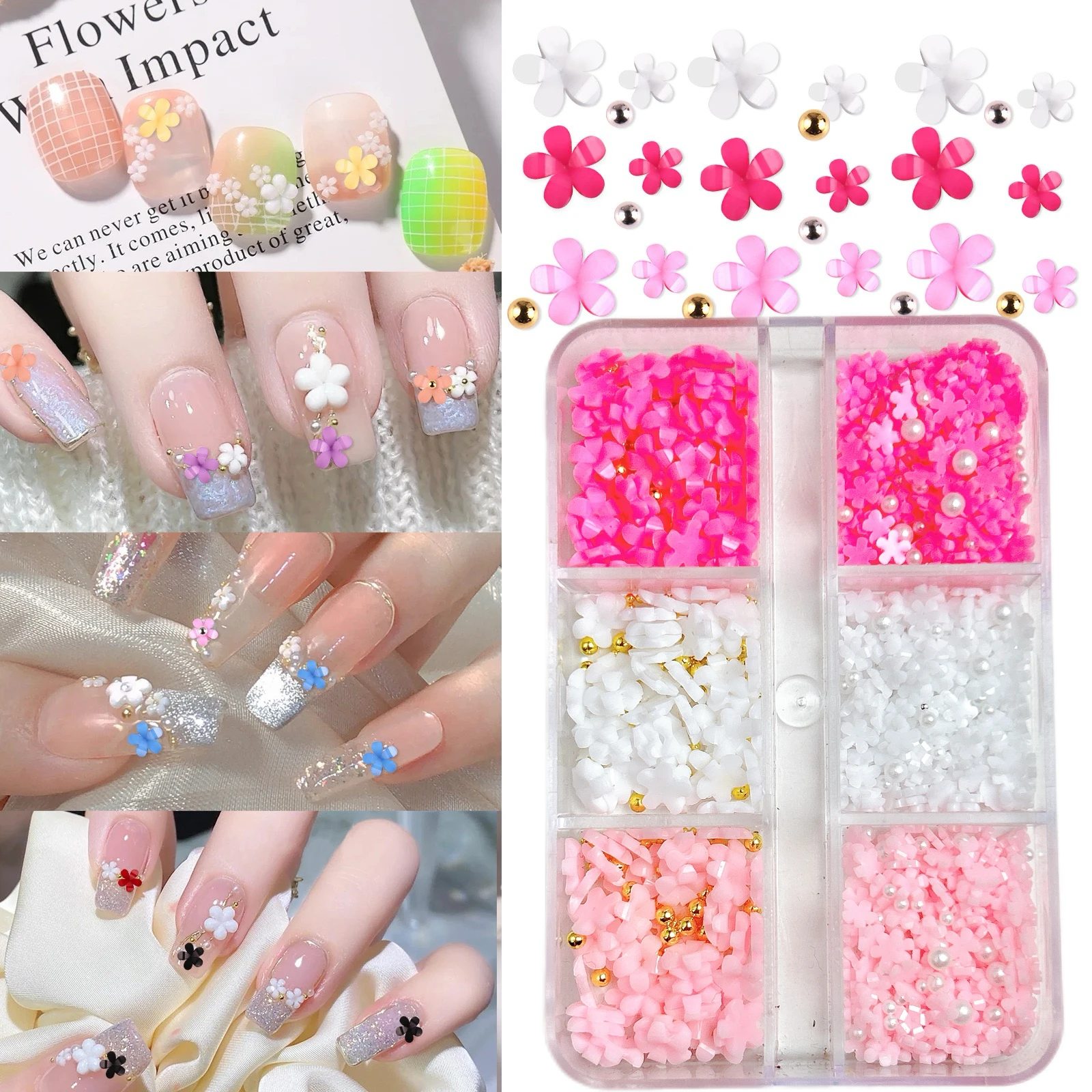 1Box Solid Color Minimalist Bow Flower Heart Resin Nail Art Decorations Mini Rhinestones Steel Balls Pearl Mixed Nail Charms DIY