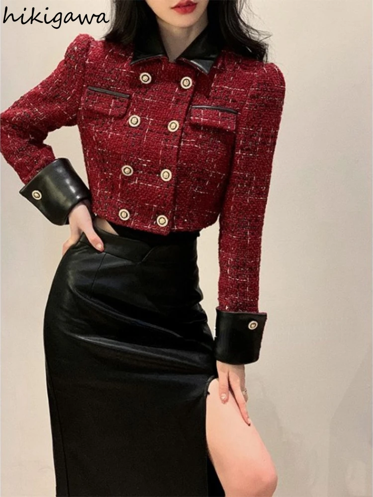 Temperament 2 Piece Sets Womens Outfits Double Breasted Crop Jackets High Waist Bodycon Mini PU Skirt Suit Fashion Korean Set