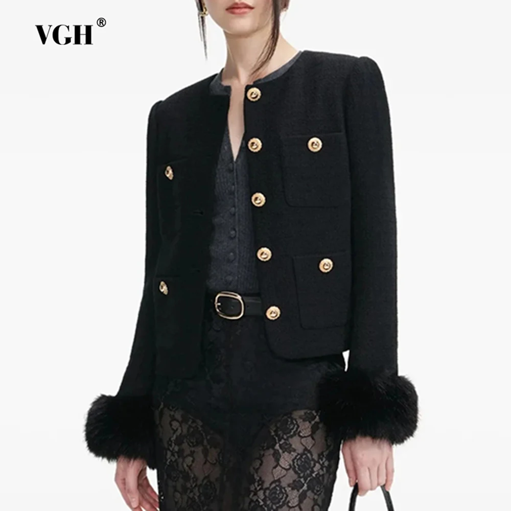 

VGH Solid Temperament Slimming Spliced Folds Jackets For Women Round Neck Long Sleeve Autumn Chic Short Jacket Female Fashion