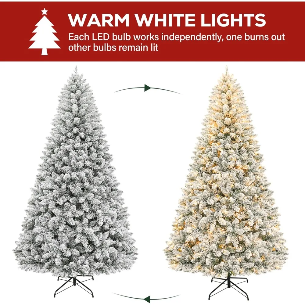 شجرة عيد الميلاد المتدفقة بالثلج بطول 7.5 قدم، شجرة عيد الميلاد الاصطناعية مع 450 أضواء بيضاء دافئة، أطراف فرع 1446، حامل معدني