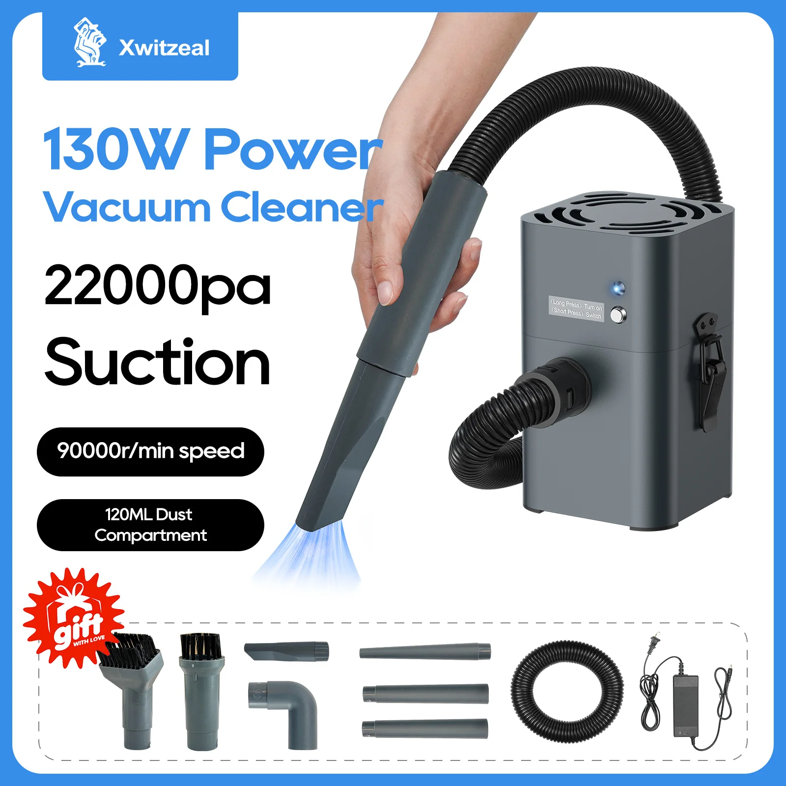 

Пылесос Xwitzeal 130 Вт/22000 Па, сильное всасывание, настольный компьютер 90000 об/мин для ремонта электроники с HEPA-фильтром, 120 мл, пылесборник