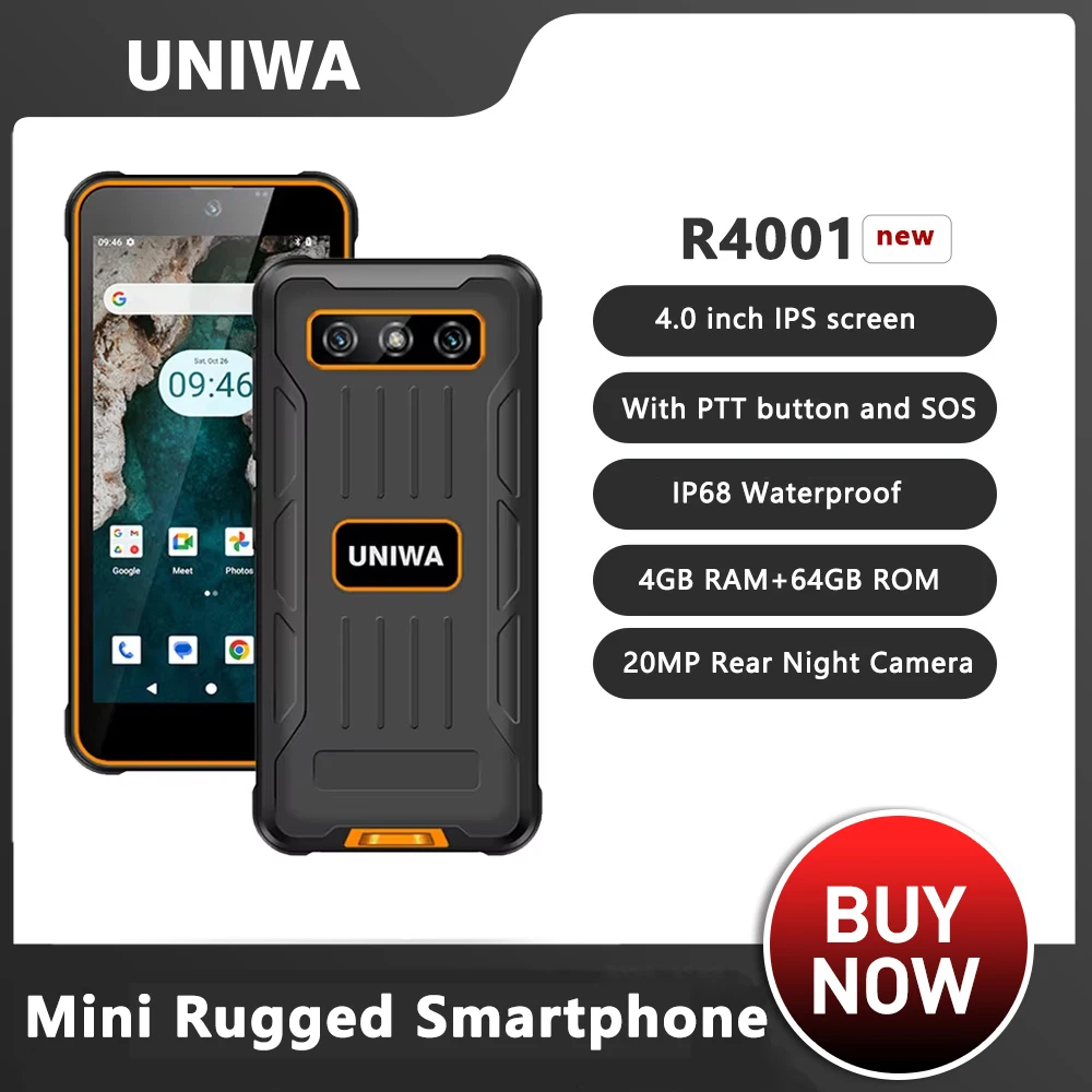 UNIWA R4001 4G Rugged Smartphone 4.0 Inch Display PTT Small Phone 4GB RAM +64GB ROM 20MP Night Vision 3000mAh SOS Android 14 NFC